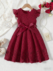 Vestido Infantil Menina Renda Manga Borboleta com Cinto Laço Gola Redonda Vestido Infantil 06 Kabannas Vinho 3-4 anos 