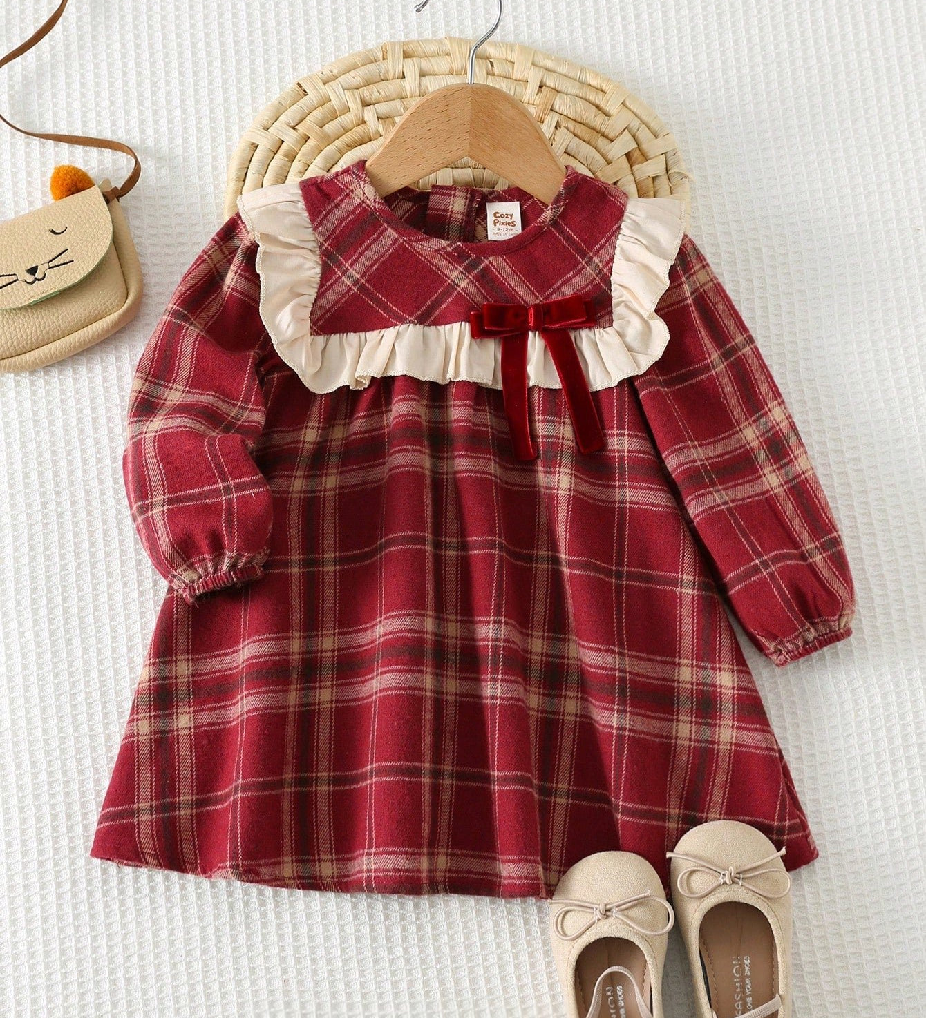 Vestido Infantil Menina Xadrez com Laço de Veludo 004 Vestido Menina 26 Kabannas Vermelho 6-9 Meses 