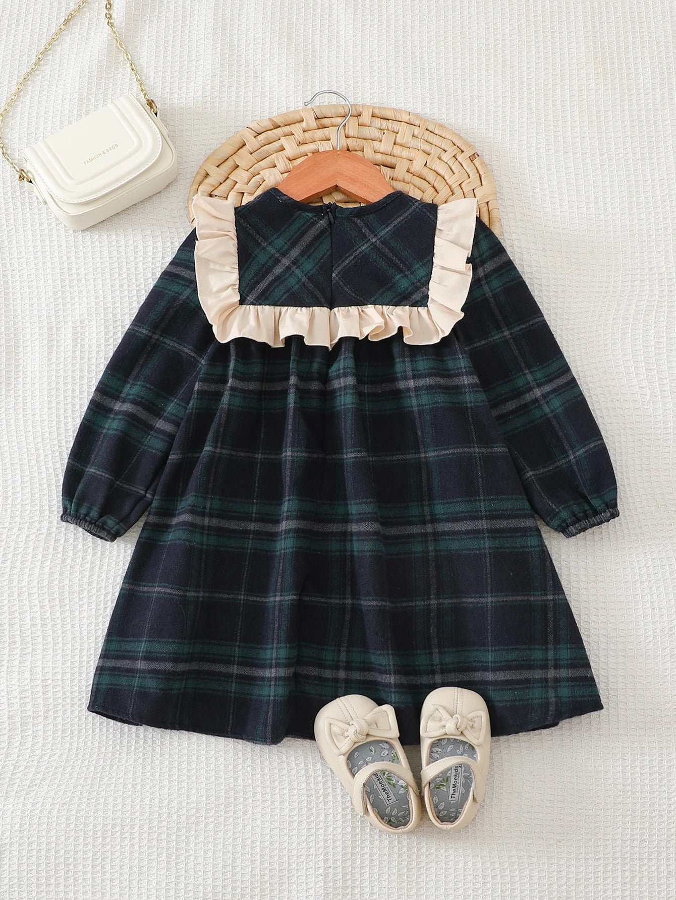 Vestido Infantil Menina Xadrez Manga Longa Gola Babado com Laço - Verde