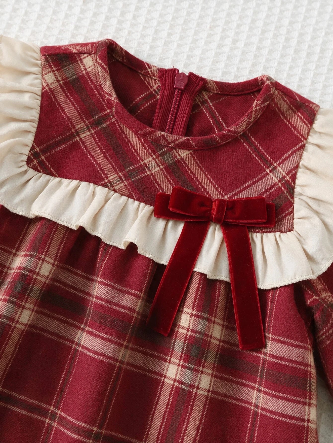Vestido Infantil Menina Xadrez Manga Longa Gola Babado com Laço - Vermelho