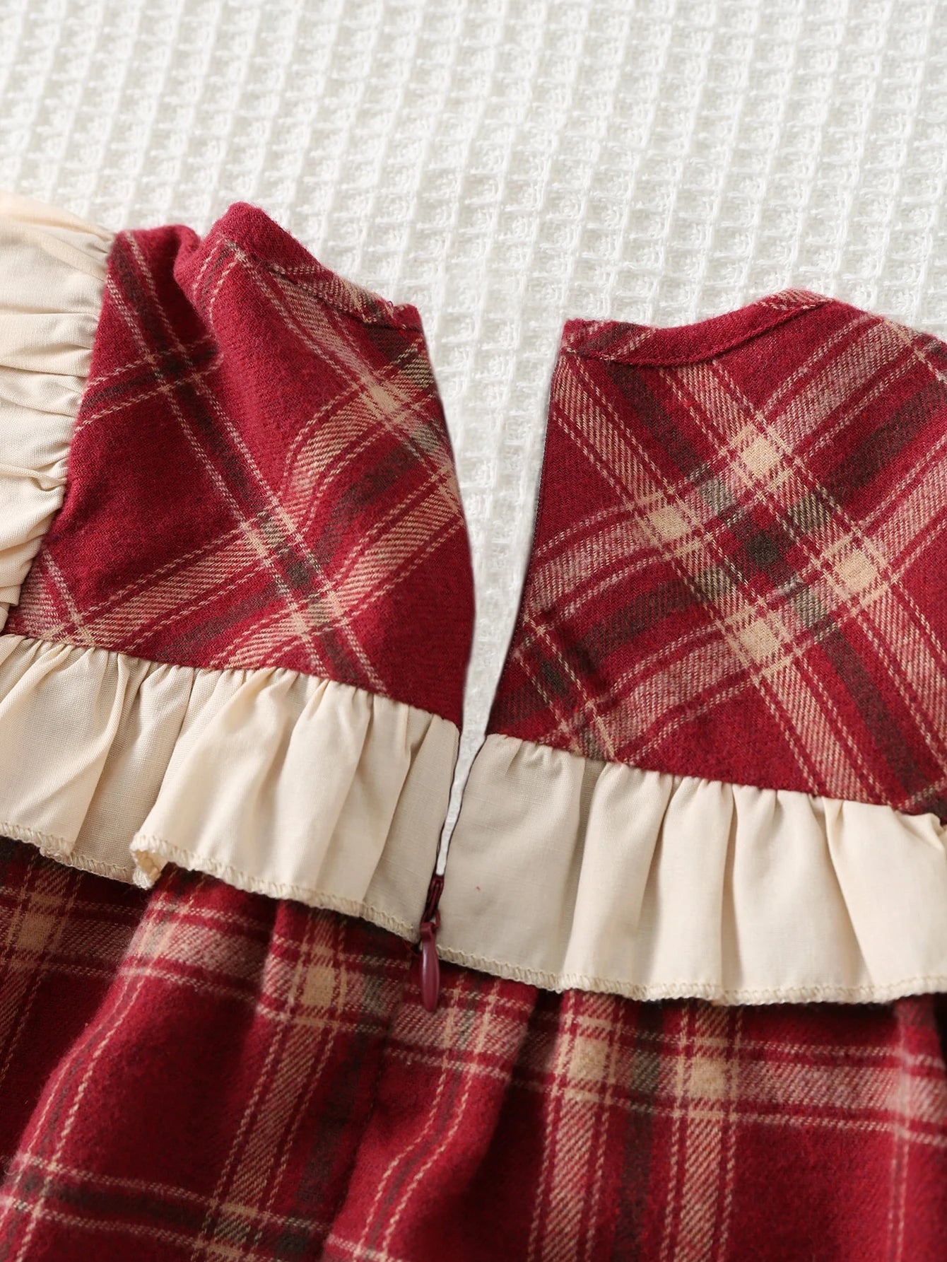 Vestido Infantil Menina Xadrez Manga Longa Gola Babado com Laço - Vermelho