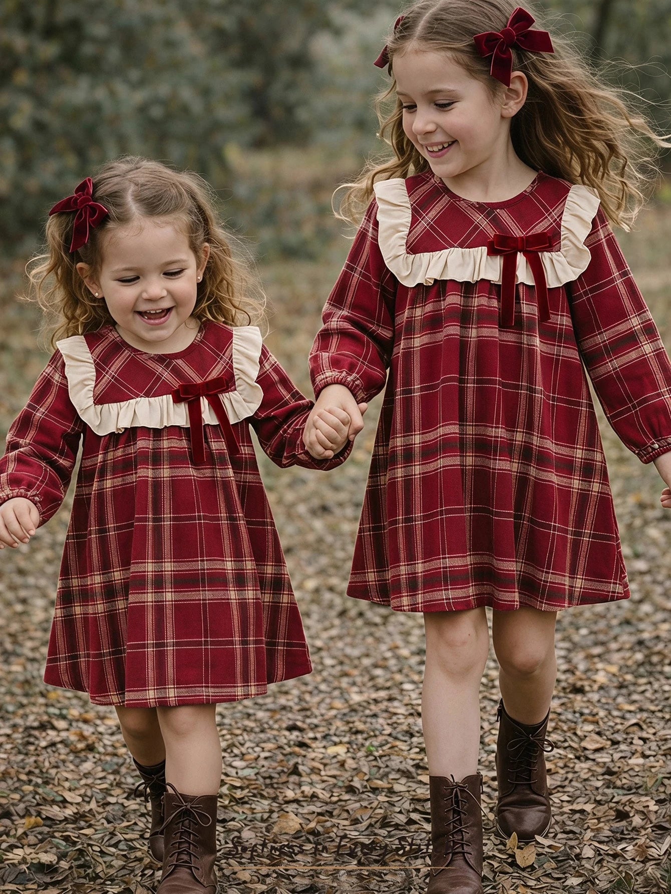 Vestido Infantil Menina Xadrez Manga Longa Gola Babado com Laço - Vermelho