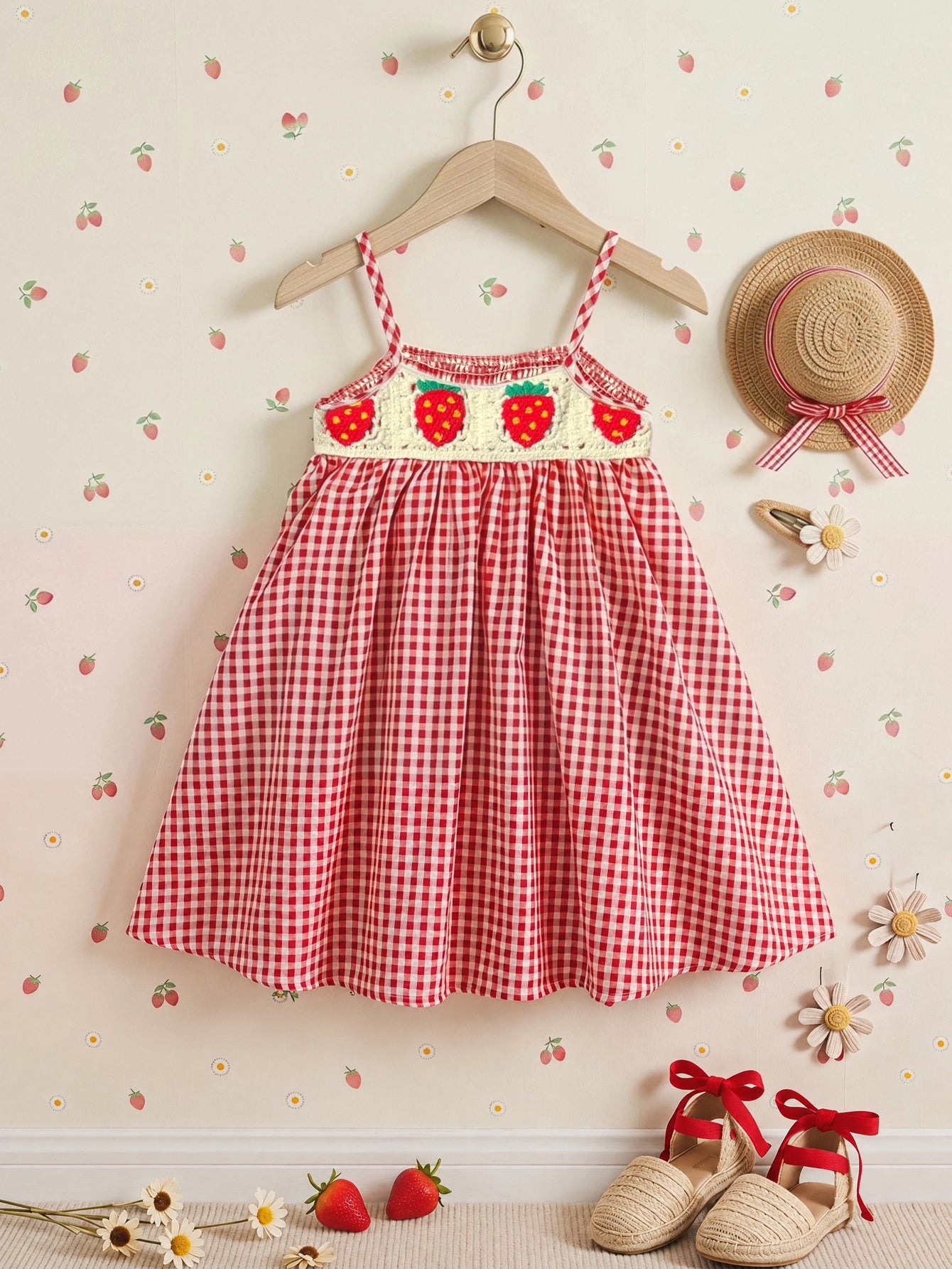 Vestido Infantil Menina Xadrez Vichy Crochê Morango com Alcinha - Vermelho
