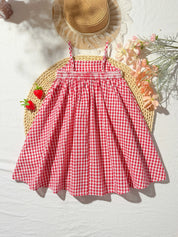 Vestido Infantil Menina Xadrez Vichy Crochê Morango com Alcinha - Vermelho