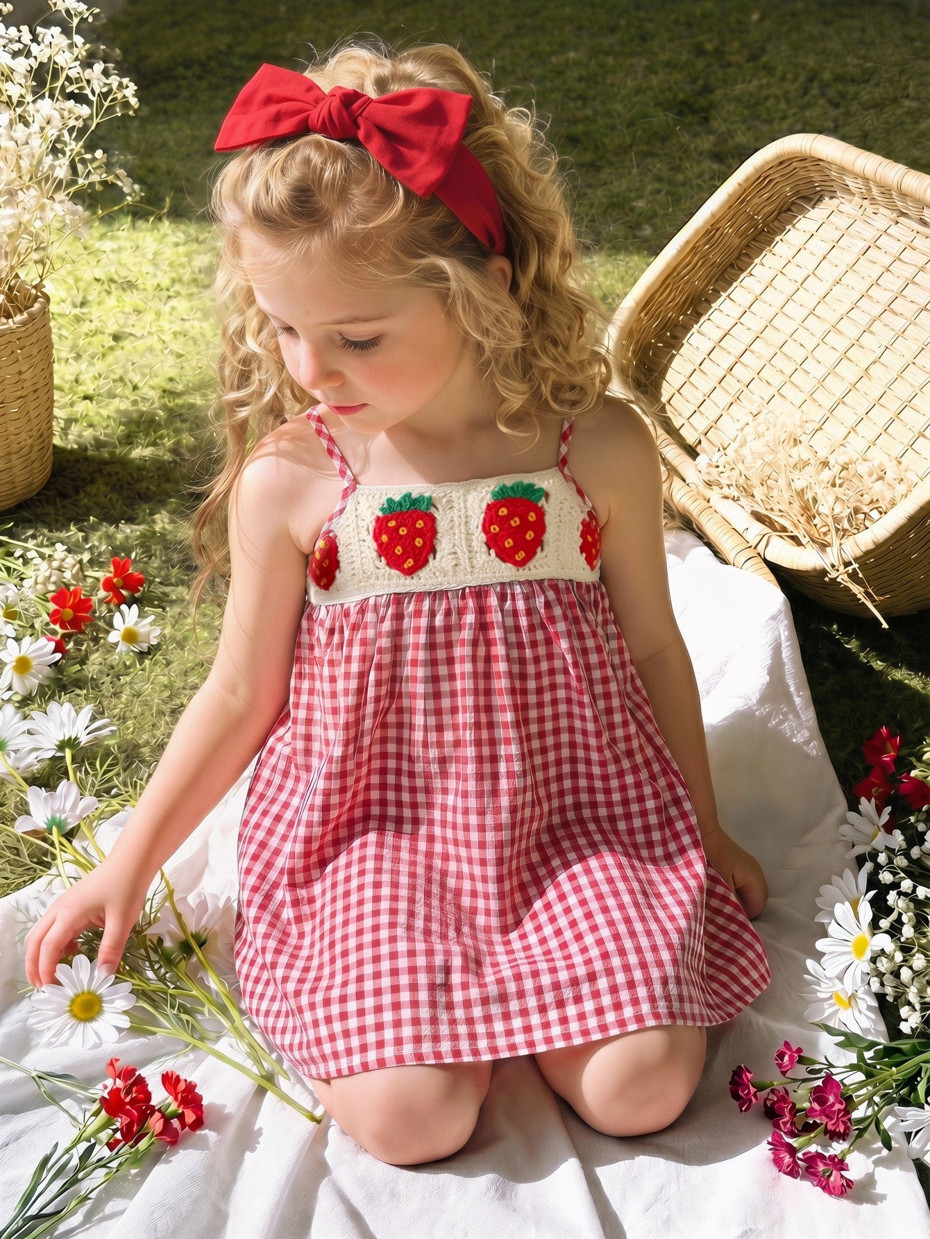 Vestido Infantil Menina Xadrez Vichy Crochê Morango com Alcinha - Vermelho
