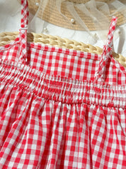 Vestido Infantil Menina Xadrez Vichy Crochê Morango com Alcinha - Vermelho