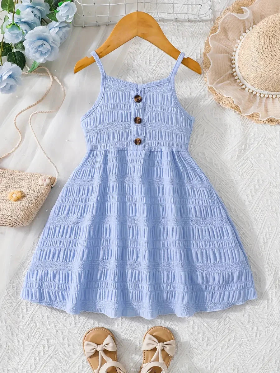 Vestido Infantil Verão Alças Finas Franzido com Botões Decorativos Vestido Infantil 02 Kabannas Azul 3-4 Anos 