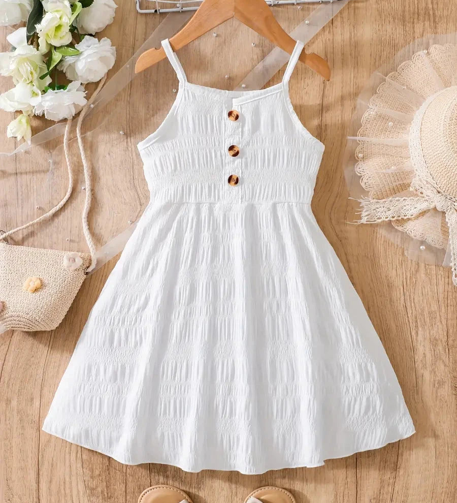 Vestido Infantil Verão Alças Finas Franzido com Botões Decorativos Vestido Infantil 02 Kabannas Branco 3-4 Anos 