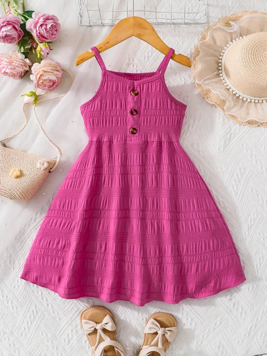 Vestido Infantil Verão Alças Finas Franzido com Botões Decorativos Vestido Infantil 02 Kabannas Rosa 3-4 Anos 