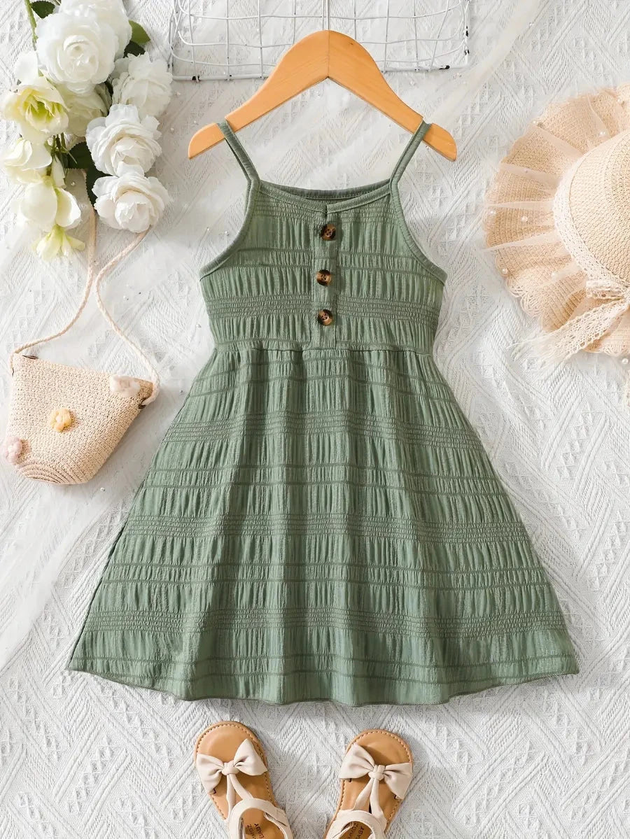 Vestido Infantil Verão Alças Finas Franzido com Botões Decorativos Vestido Infantil 02 Kabannas Verde 3-4 Anos 