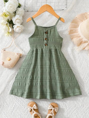 Vestido Infantil Verão Alças Finas Franzido com Botões Decorativos Vestido Infantil 02 Kabannas Verde 3-4 Anos 