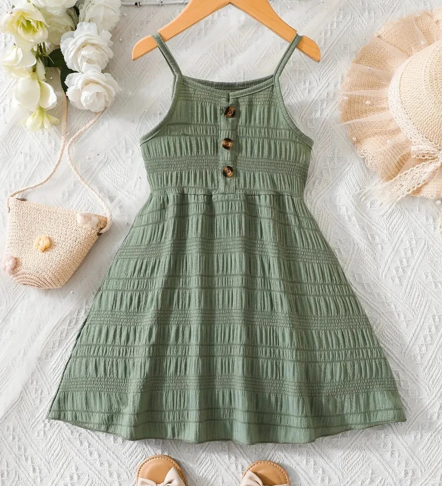 Vestido Infantil Verão Alças Finas Franzido com Botões Decorativos Vestido Infantil 02 Kabannas Verde 3-4 Anos 