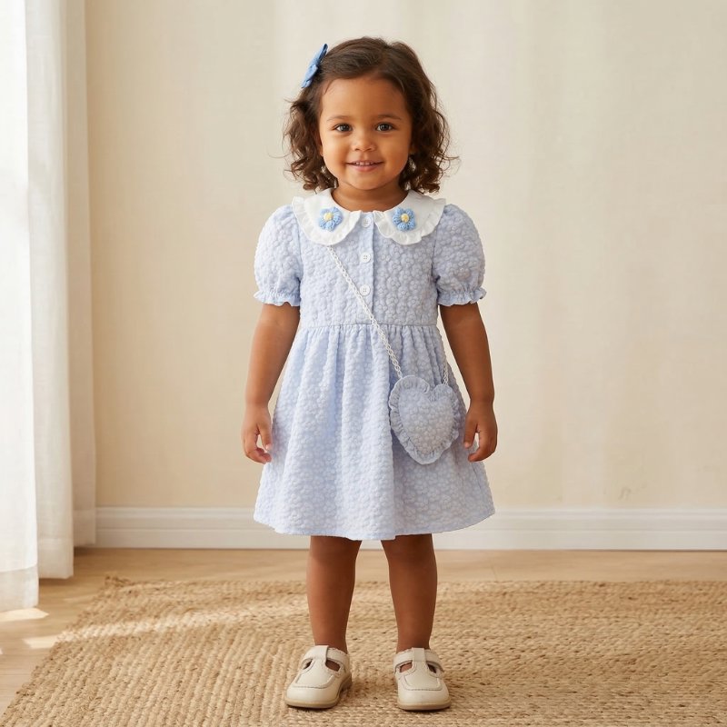 Vestido Infantil Vintage Floral Texturizado com Gola Peter Pan Moda Vintage Infantil 66 Kabannas Azul 2-3 Anos 