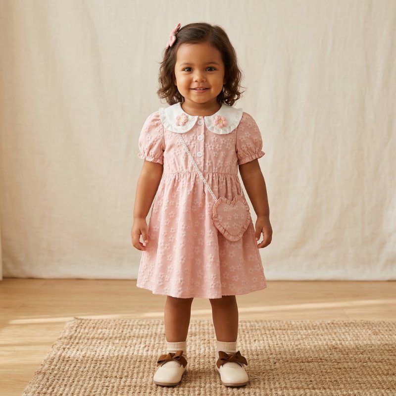 Vestido Infantil Vintage Floral Texturizado com Gola Peter Pan Moda Vintage Infantil 66 Kabannas Rosa 2-3 Anos 