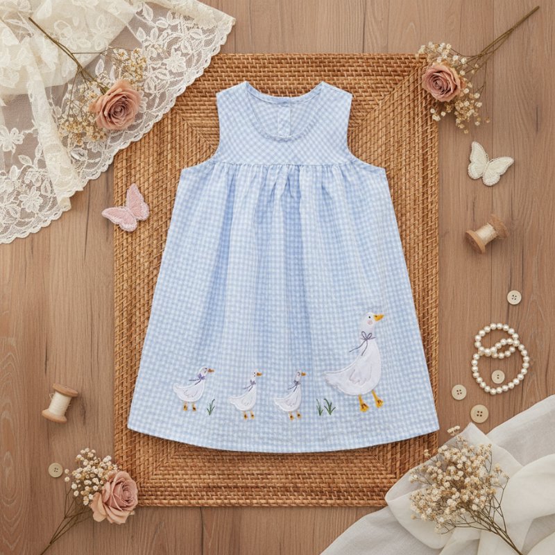 Vestido Infantil Vintage - Patos e Treliça em Algodão Moda Vintage Infantil 35 Kabannas 