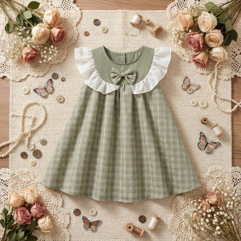Vestido Vintage Xadrez para Meninas com Laço - Verão Elegante Moda Vintage Infantil 27 Kabannas 