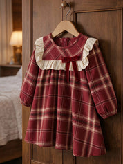 Vestido Infantil Menina Xadrez Manga Longa Gola Babado com Laço - Vermelho