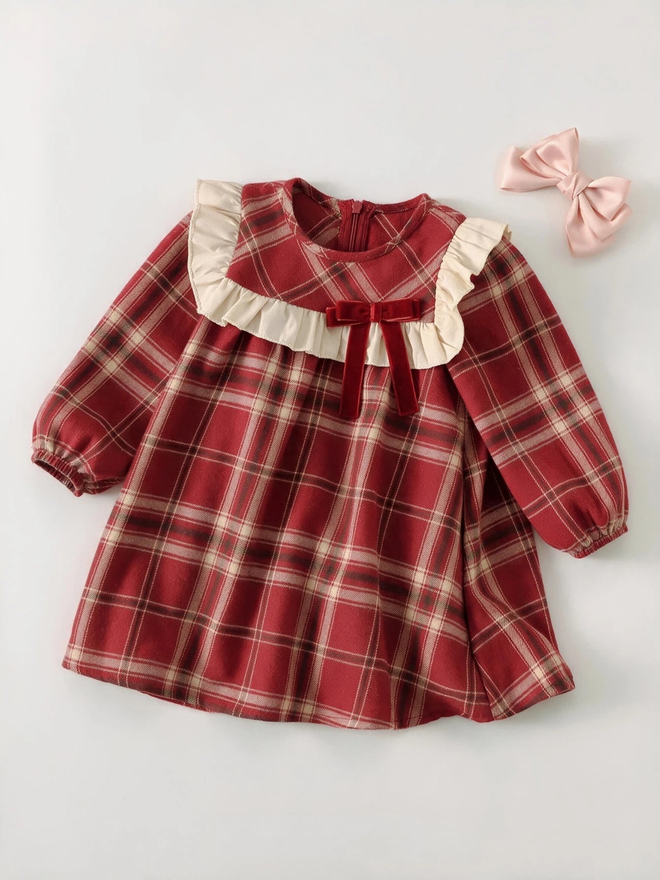 Vestido Infantil Menina Xadrez Manga Longa Gola Babado com Laço - Vermelho