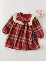 Vestido Infantil Menina Xadrez Manga Longa Gola Babado com Laço - Vermelho
