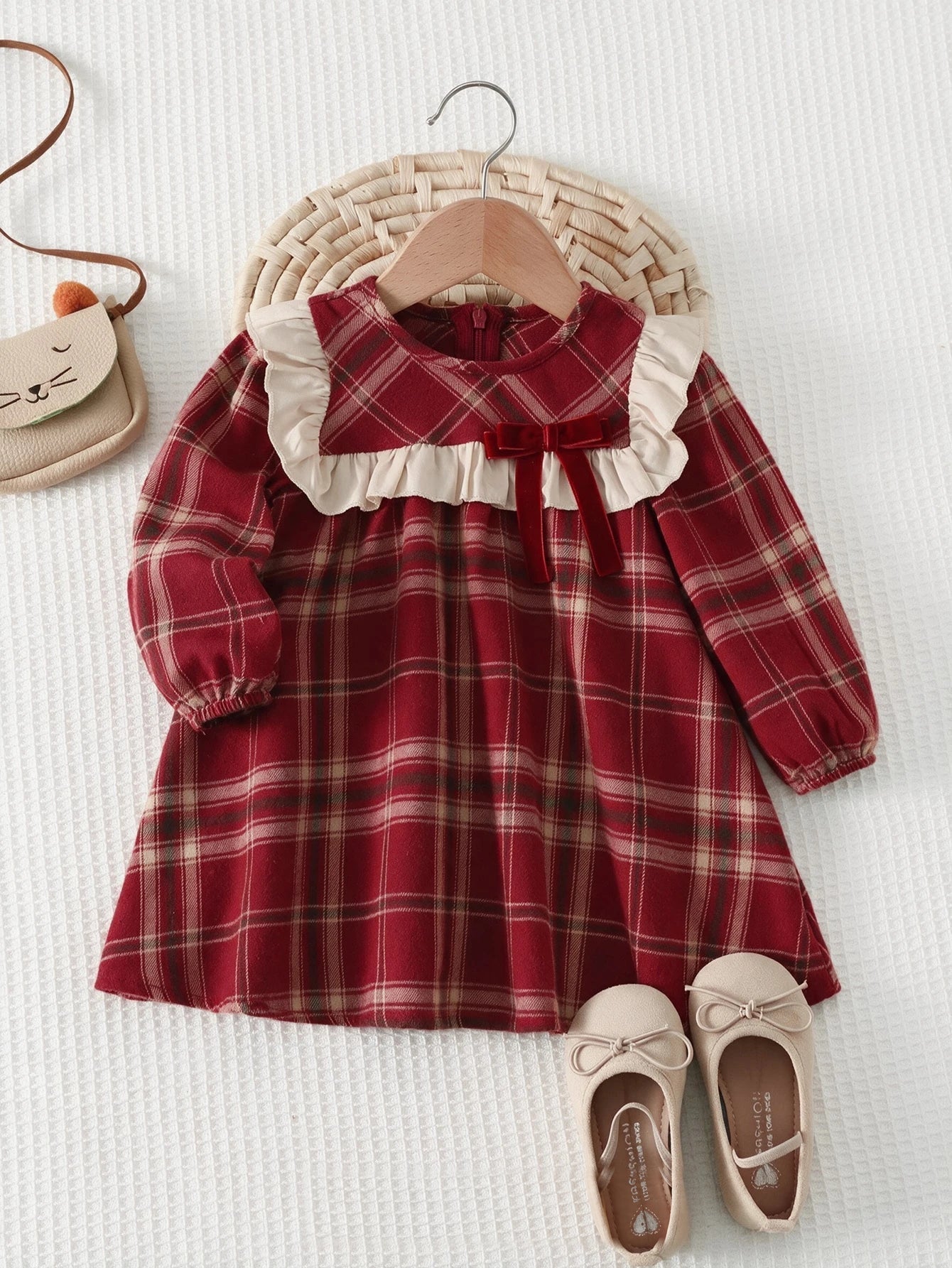 Vestido Infantil Menina Xadrez Manga Longa Gola Babado com Laço - Vermelho