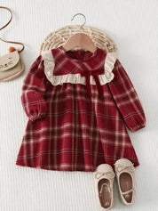 Vestido Infantil Menina Xadrez Manga Longa Gola Babado com Laço - Vermelho