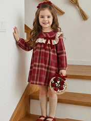 Vestido Infantil Menina Xadrez Manga Longa Gola Babado com Laço - Vermelho