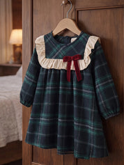 Vestido Infantil Menina Xadrez Manga Longa Gola Babado com Laço - Verde