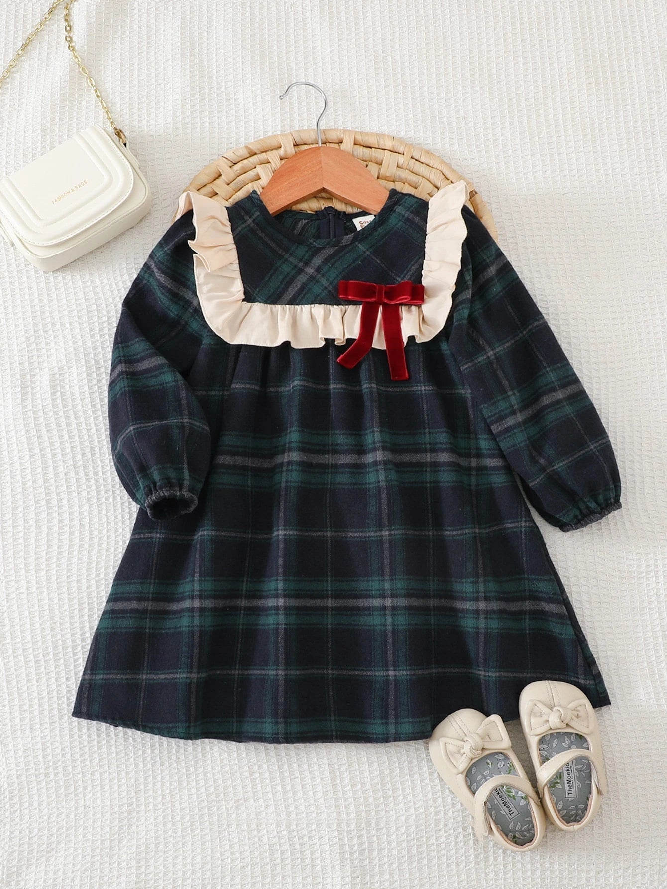 Vestido Infantil Menina Xadrez Manga Longa Gola Babado com Laço - Verde