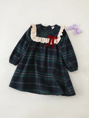 Vestido Infantil Menina Xadrez Manga Longa Gola Babado com Laço - Verde