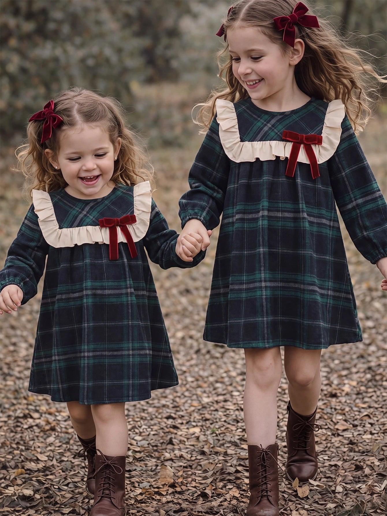 Vestido Infantil Menina Xadrez Manga Longa Gola Babado com Laço - Verde
