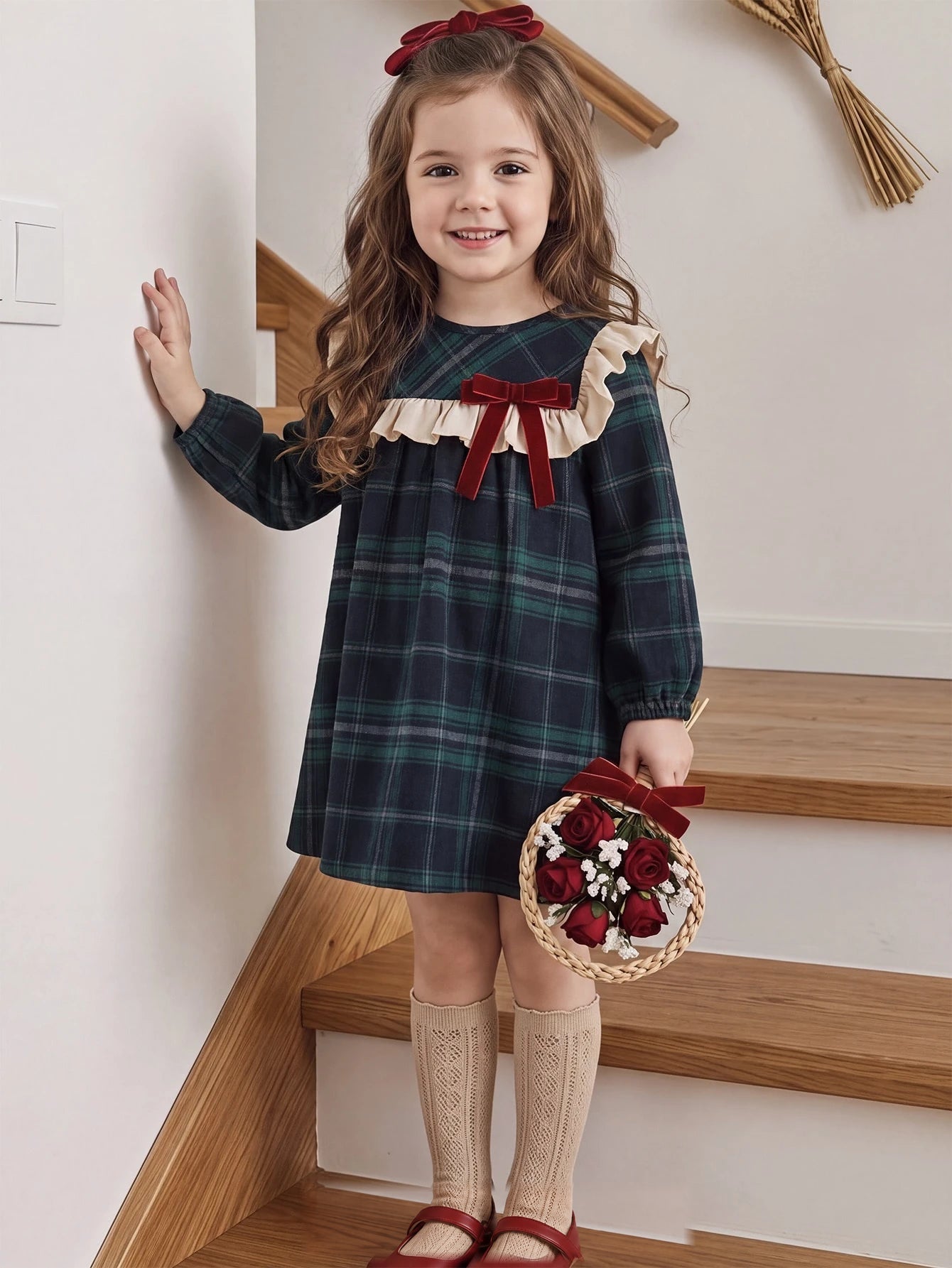 Vestido Infantil Menina Xadrez Manga Longa Gola Babado com Laço - Verde